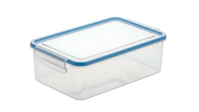 Rectangular clear plastic food storage container features a blue sealing gasket and locking tabs