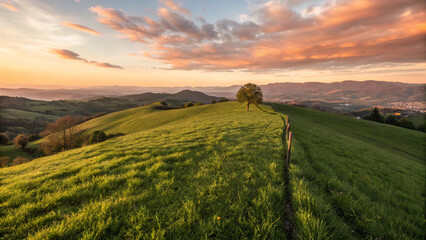 Grassy hill at sunset
