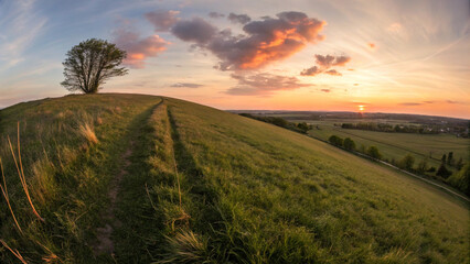 Grassy hill at sunset