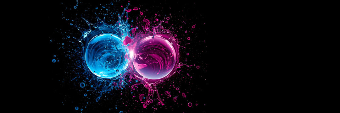 Colorful liquid spheres colliding in vibrant splashes of blue and pink fluid