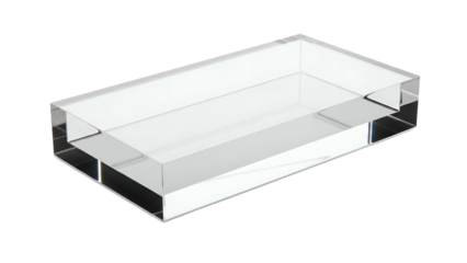 Clear rectangular block object rests upon a solid black background