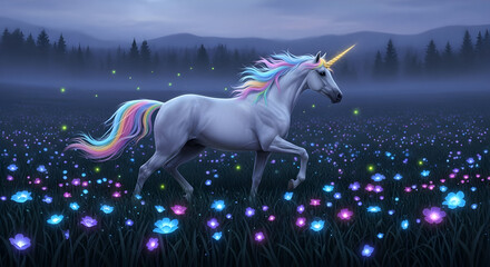 Unicorn Galloping Through Enchanted Forest Meadow horse