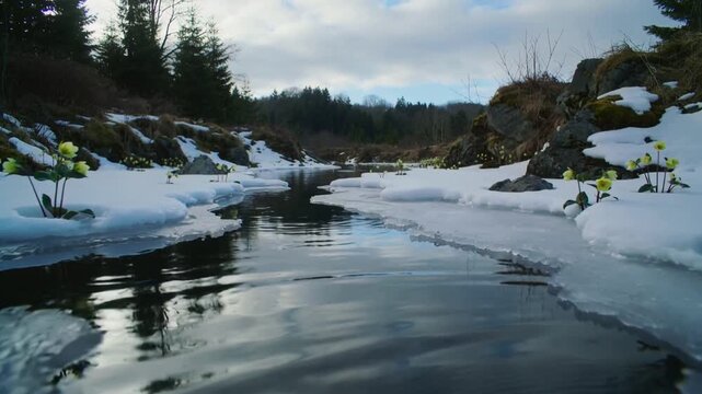 The camera tracks along a stream partially frozen, pale green hellebore flowers blooming between the snow, gentle wind rippling through the icy water.