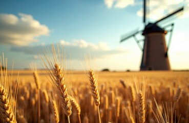 Golden wheat field with a traditional windmill in the background under a partly cloudy sky during sunset