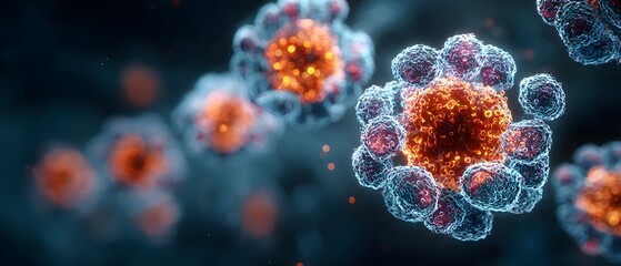 Microscopic view of glowing spherical biological cells in a dark environment.