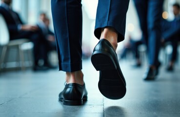 Fototapeta premium Woman walking in business attire on a modern office floor with polished shoes and blurred background