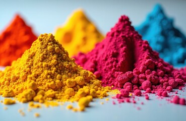 Colorful powder pigments arranged in small mounds on a light background