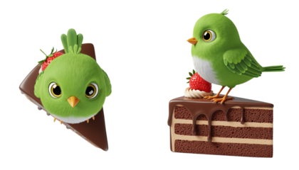 Cute green bird standing on chocolate cake slice isolated on transparent background PNG