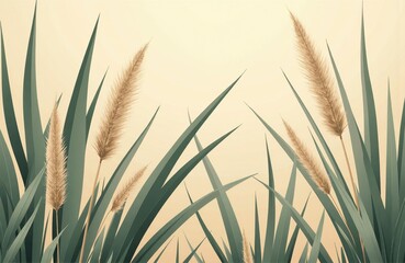 Fototapeta premium Tall grasses with fluffy seed heads sway gently against a soft, neutral background creating a calm natural scene