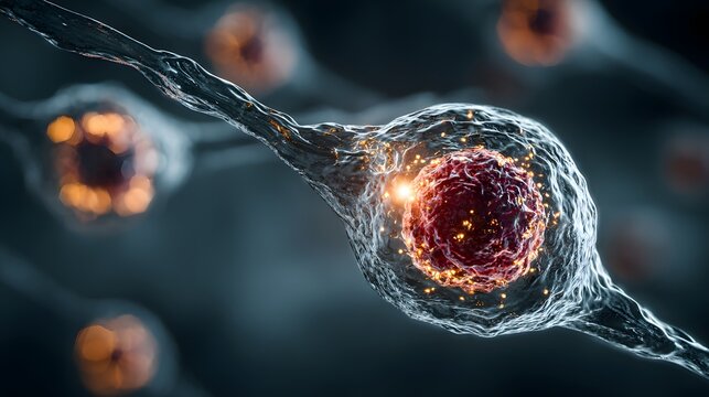 Microscopic view shows a detailed neuron with a glowing nucleus.