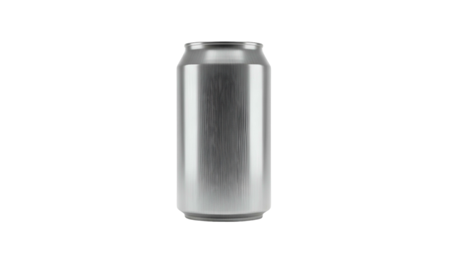 Cylindrical metallic beverage container stands in stark isolation against a dark background
