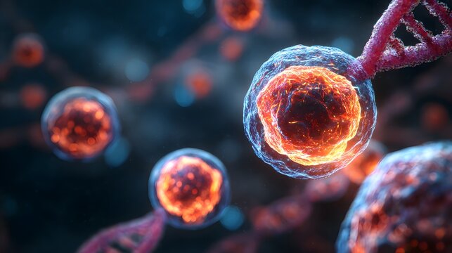 Close-up of glowing cells and a DNA strand against a dark background.