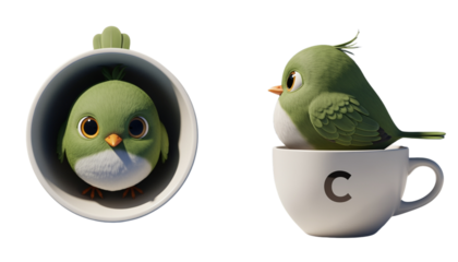 Cute green bird standing on coffee cup isolated on transparent background PNG