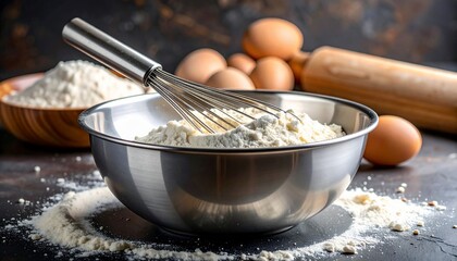 Baking ingredients displayed with flour, eggs, whisk, and rolling pin for culinary preparation