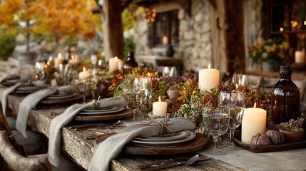 Farmhouse dining table rustic autumn decor soft glowing candles cozy evening atmosphere