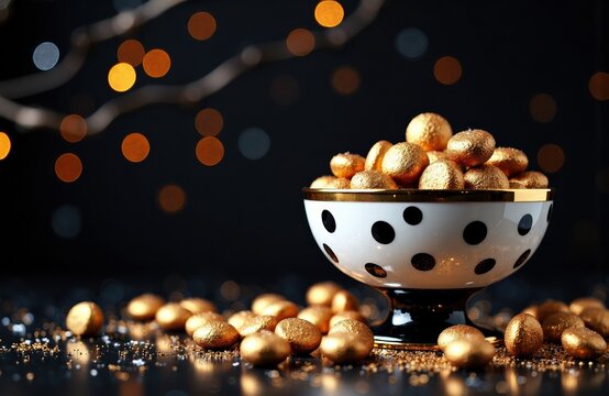 Golden chocolate candies spilling from a polka dot bowl with festive bokeh lights in the background