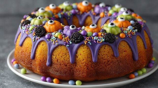 Halloween dessert pumpkin bundt cake with purple icing dripping on grey background festive treat