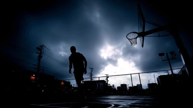 Silhouetted players dribble on a dim outdoor basketball court at dusk, under dramatic clouds nearby