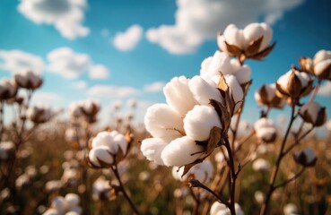 Cotton plants blooming in a field under a bright blue sky with scattered clouds