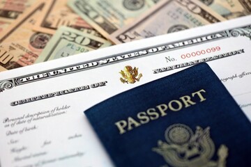 US Certificate of Naturalization with Passport on money bills close up