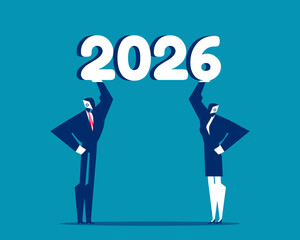 2026. Artificial intelligence robot holding figures of 2026