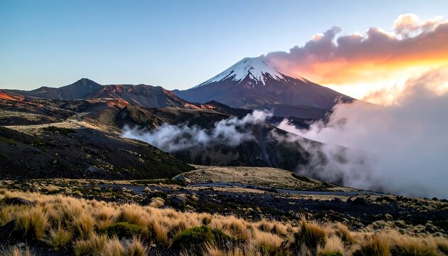 Scenic landscape featuring a snowy mountain peak, surrounded by clouds and lit by a golden sunset. Rugged terrain and vegetation are visible