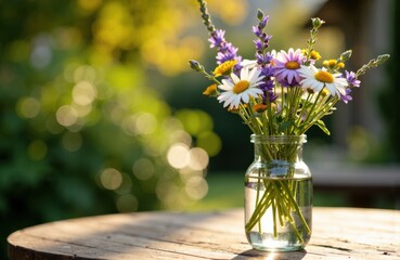 Colorful wildflowers in a glass jar on a wooden table with a blurred outdoor background