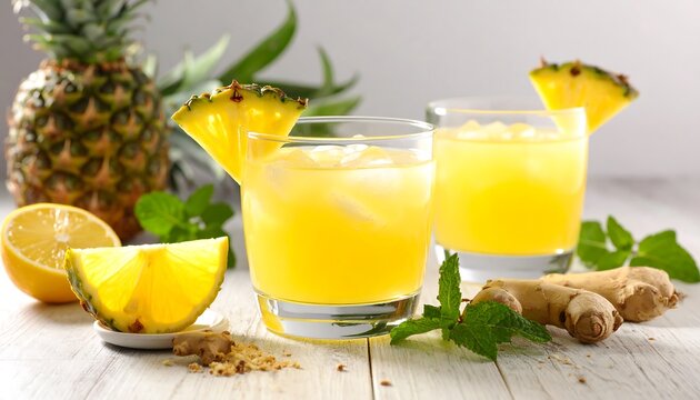 Refreshing image of two glasses filled with yellow liquid. Garnishes include pineapple slices, mint, and a lemon. A pineapple and ginger root are also visible