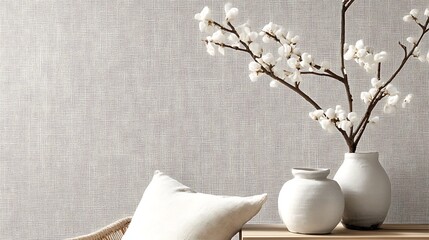 Modern living room interior with white textured wall and decorative vases