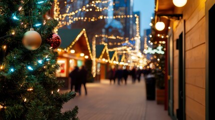 Obraz premium festive street scene adorned with twinkling lights and a decorated Christmas tree, creating a warm holiday atmosphere.