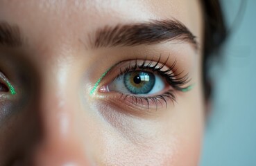 Close-up of a woman's eye with detailed makeup and natural skin texture
