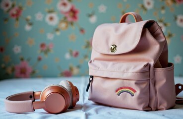 Pink backpack with rainbow embroidery and matching headphones on floral background