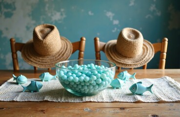 Woman's straw hats with blue fish and balls on rustic wooden table