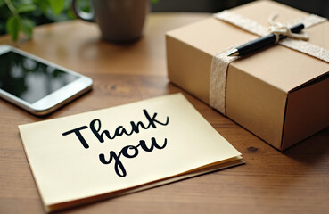 Thank you note on paper with gift box and smartphone on wooden table
