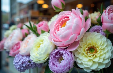 Colorful peonies and hydrangeas in soft pastel shades creating a delicate floral arrangement
