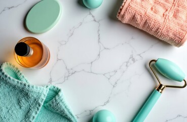 A flat lay of skincare and beauty tools arranged on a marble surface with towels and containers