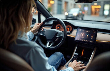 Woman driving car using digital dashboard and touchscreen controls in modern vehicle