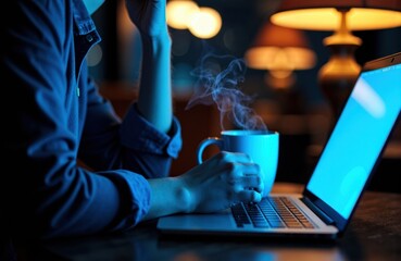 Woman working on laptop with a steaming coffee mug in a cozy, dimly lit environment