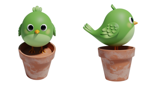 Cute green bird standing on flower pot isolated on transparent background PNG