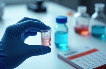 Scientist holding a test tube with pink liquid in laboratory setting