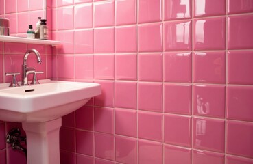 Pink tiled bathroom wall with a white sink and modern fixtures