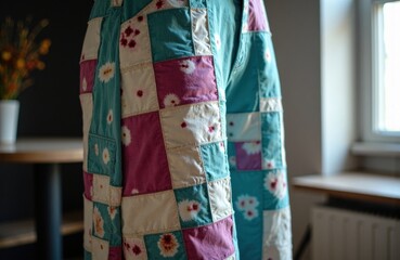 A colorful patchwork quilt drapes over a piece of furniture in a cozy indoor setting