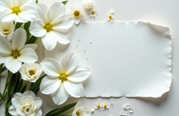 White flowers with green stems arranged beside a torn piece of paper on a white background