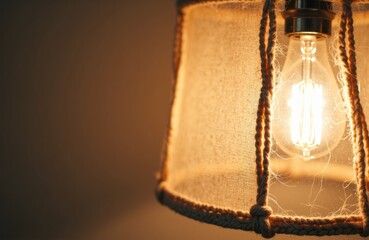 A vintage-style light bulb illuminates a fabric lampshade with warm, ambient glow
