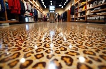 Colorful leopard print flooring in a retail store with shelves and clothing displays