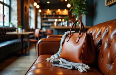 Woman's brown leather handbag resting on a tufted leather sofa in a cozy cafe setting