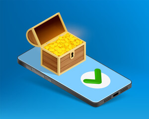 Treasure box with gold coins on the smartphone screen. Isometric view. Vector illustration.