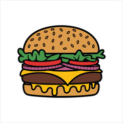 juicy beef burger with fresh lettuce and tomato vector art isolated on white background