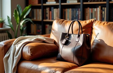 Woman's leather handbag placed on a cozy leather sofa in a stylish living room with a bookshelf and houseplant