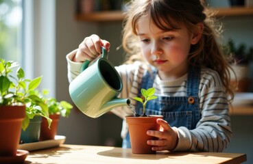 Woman watering young plant in pot with sunlight streaming through window